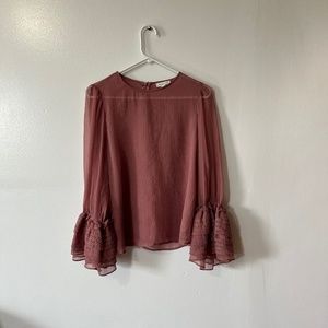 Stellah Top Mauve Pink Long Bell Sleeve Ruffle Crew Neck Blouse